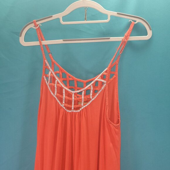 Sleeveless Orange Maxi Dress With Lattice Neckline By Skemo Size M 100% Rayon - Picture 4 of 11